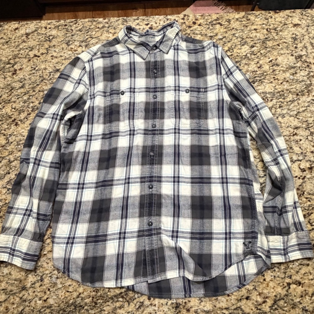American Eagle Outfitters Mens XL Prep Fit‎ Plaid Flannel Button Down Shirt Navy